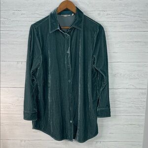 Soft Surroundings Velvet Button-Up Shirt in Blue Green